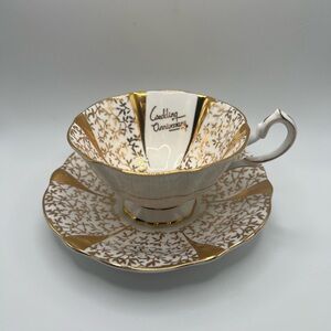 Gold and White Anniversary Teacup and Saucer Set